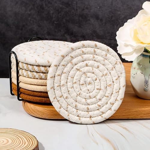Mckanti Drink Coasters Set of 8, 4 Colors Absorbent Coasters for Drinks, Minimalist Cotton Woven Coaster for Living Room Decor, Fall Home Decor, 4.3 Inches thumbnail 7
