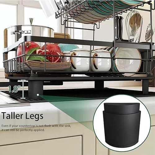 DMTXCRP Dish Drying Rack, Large 2 Tier Stainless Steel Dish Rack for Kitchen Counter with a Drainboard, Cutlery, Cup Holder, Kitchen Organizers and Storage Rack, 17" L x 13" W, Black thumbnail 4