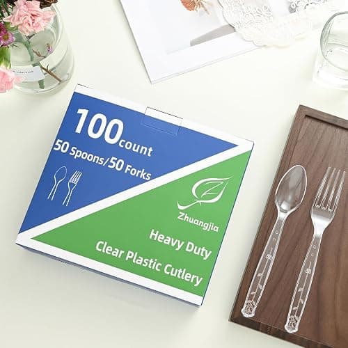 100 Count Plastic Silverware Heavy Duty 50Forks50Spoons | Shatterproof BPA-Free Disposable Cutlery Heat Resistant Disposable Plastic Utensils for Catering & Events, Party Supplies thumbnail 2
