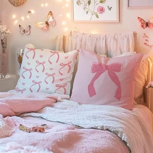 ISANOU Coquette Room Decor,Pink Cute Bow Throw Pillow Covers 18x18 Set of 4,Gifts for Teen Girls Women,Pink Decorative Pillowcase for Sofa Couch Bedroom Chair Home thumbnail 4