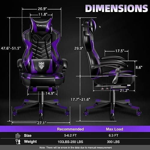 Vonesse Gaming Chair, Big and Tall Gaming Chair with Footrest and Massage, Gaming Chairs for Adults with Lumbar Support, Ergonomic High Back Computer Chair with Pocket Spring Cushion (Purple/Black) thumbnail 3