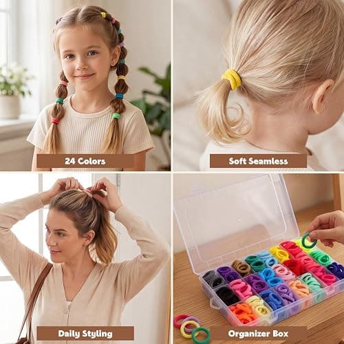 200 Pcs Baby Hair Ties with Organizer Box, Cotton Seamless, 24 Colors | Soft cotton seamless bands, gentle stretch, sorted storage box, for baby and toddler ponytails, braids, daily styling thumbnail 4