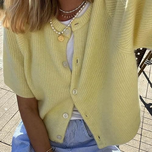 Women Knitted Crop Cardigan Shirt Short Sleeve Button Down Ribbed Knit Crop Top Y2k Girls Outwear Top Tee Shirt thumbnail 4