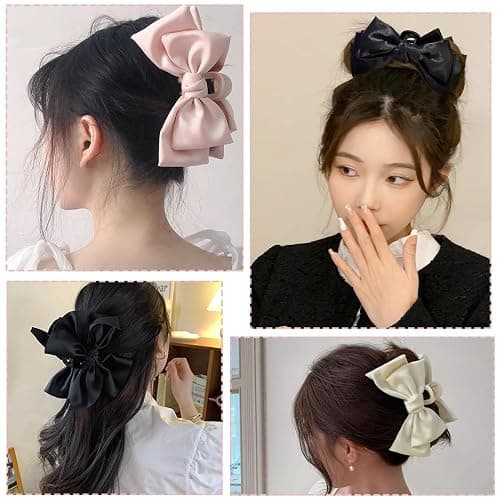 3 PCS Large Bow Hair Claw Clips Satin Bow Claw Clip for Women Girl with Long Thick Hair 5.9 inch Elegant Hair Ribbon Design for all types Big (Black+White+Pink) thumbnail 7