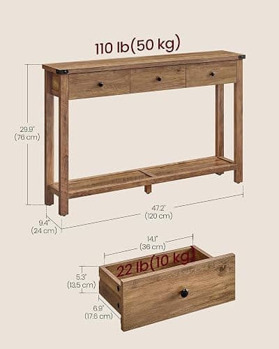 VASAGLE 47.2" Narrow Console Table with 3 Drawers and Open Storage Shelf | Long Sofa Table, 47.2 x 9.4 x 29.9 inchs, Entryway Furniture for Living Room, Honey Brown, LIRY Collection ULNT142KB02S thumbnail 3