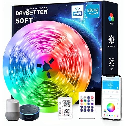 DAYBETTER Smart WiFi Led Lights, 50 FT RGB Led Strip Lights Compatible with Alexa and Google Assistant, App Voice Remote Control Music Sync Color ChangingLED Strip Lighting for Bedroom Room Decor - Image 1