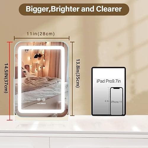 halumao Vanity Mirror with Lights, 14.5" Light Up Makeup Mirror, LED Makeup Mirror with Lights for Bedroom Tabletop, Smart Touch Control 3 Colors Dimmable, 360° Rotation thumbnail 2