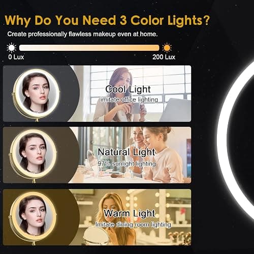 Lighted Makeup Mirror, 3000 mAh Rechargeable Double Sided Magnifying Vanity Mirror with 3 Colors, 1x/10x, 360° Rotation , Brightness Adjustable Magnification Cosmetic Light up Mirror, Women Gift thumbnail 4
