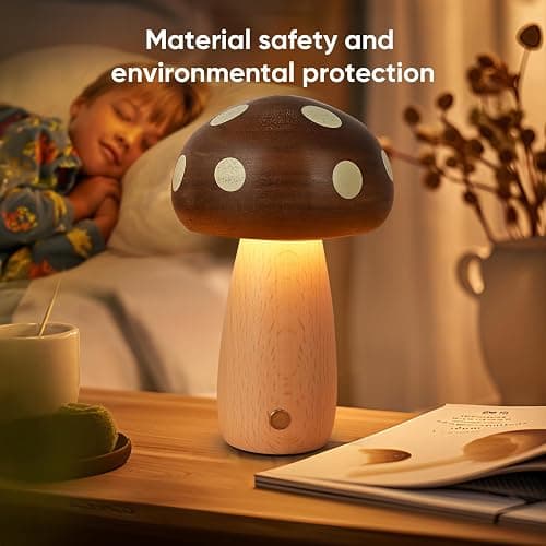 LONRISWAY LED Wooden Mushroom Lamp for Bedroom,Portable Cordless Touch Switch Small Rechargeable Battery Operated Lamp,Stepless Dimming, Night Light for Birthday Gifts thumbnail 6