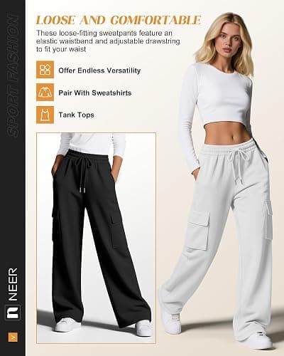 Neer 3 Pack Women's Cargo Sweatpants Wide Leg | Baggy, Loose, Pants with 4 Pockets, Elastic Waist, Drawstring, Casual, Athletic, Sweat, Joggers, Lounge, Running, Dance thumbnail 4