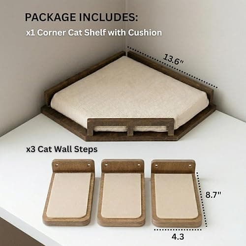 INICIO Cat Wall Shelves - Safe and Sturdy Cat Wall Furniture - Stylish Natural Wood Corner Shelf with 3 Steps for Cats up to 15lbs - Cushioned Perch and Stairs for Climbing and Playing - Dark Brown thumbnail 2