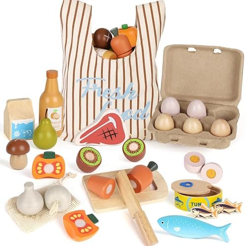 Lehoo Castle Wooden Play Food Sets for Kids Kitchen, Grocery Food Toys for Toddlers 3+ Year Old, Cutting Fruits Vegetables Meat Fish Shopping Bag, Pretend Play Kitchen Accessories Gift for Boys Girls - Image 1