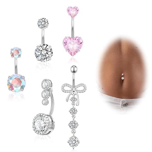 DAILI Gold Belly Button Ring,14G Surgical Stainless Steel Non Tarnish Belly Rings,Hypoallergenic Lightweight Pink Cute CZ Heart Bow Dangle Navel Piercing jewelry for Women - Image 1