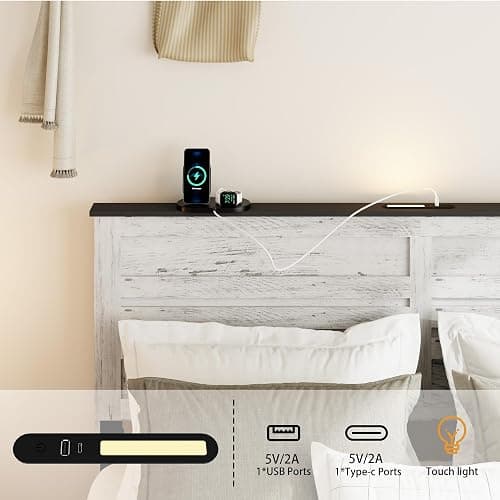 SAMTRA Wooden Full Size Bed Frame with Headboard, Boho White Farmhouse Storage Bedframe with Sliding Barn Door Footboard and Charging Station, Wood Slats, No Box Spring Needed thumbnail 5