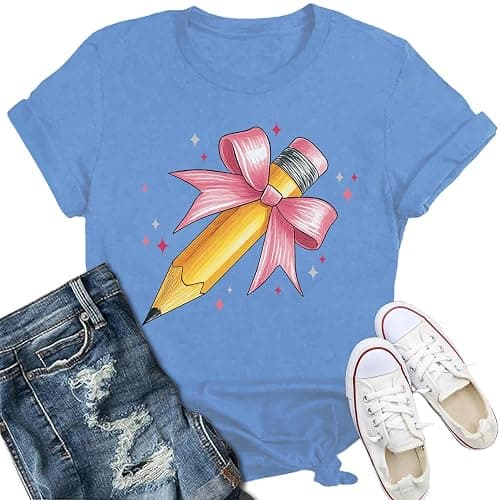 IFQ Teacher Shirts for Women Cute Bow Pencil Teacher T-Shirt Back to School Teaching Life Tee - Image 1