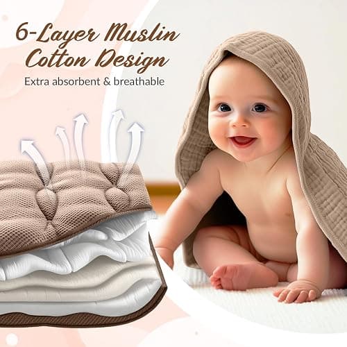 6 Pcs Muslin Hooded Bath Towels Washcloths Bibs Set,Dark Brown, Khaki | Cotton Baby Towels, Absorbent Hooded Blanket Towel, Bibs for Boys Girls Newborn Infant Essential Gifts thumbnail 3