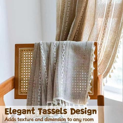 Sutuo Home Boho Curtain for Bedroom Living Room 84 Inches Length, Light Filtering French Country Farmhouse Vintage Chic Tassels Hollow Window Treatment Bohemian Drape, 1 Panel 52" W x 84" L Natural thumbnail 4