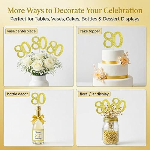 10Pcs Gold 80th Birthday & Anniversary Centerpiece Sticks, Pre-Assembled | Pre-assembled double-sided sticks for vases, party tables, vases, cakes, dessert tables and party displays thumbnail 6