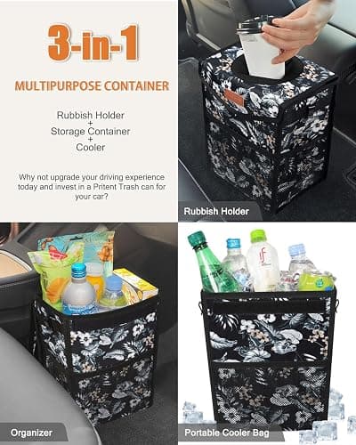 Pritent Car Trash Can with Lid, Cute Leakproof Car Trash Garbage Bag Hanging Vehicle Trash Bin Small Portable Automotive Garbage Cans Organizer for Back/Front Seat(Trapezoid,Black with Lily Print) thumbnail 5