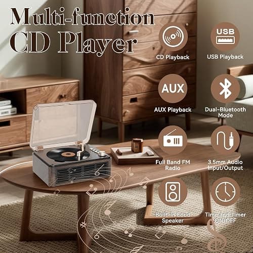 Gueray CD Player with Speakers HiFi Stereo Sound for Home,Bluetooth Retro Wood CD Music Players FM Radio with Remote Control,Support USB & AUX Playback thumbnail 2