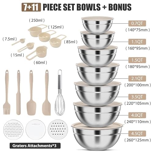 ENVTEK 7-Piece Stainless Steel Mixing Bowls Set with Lids & 3 Grater Attachments – Size 4.5, 4, 3.5, 2.1, 1.5, 1.1, 0.7QT, Kitchen Gadgets Set for Cooking, Baking, and Serving, Khaki thumbnail 4