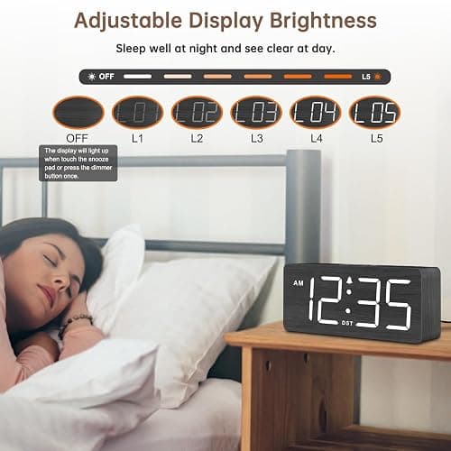 DreamSky Wooden Digital Alarm Clock for Bedroom - Loud Alarm Clock for Heavy Sleepers with Volume Control, Desk Clocks for Living Room with Large Numbers, Dimmer, DST, Wood Decor (Plug in Clock) thumbnail 5