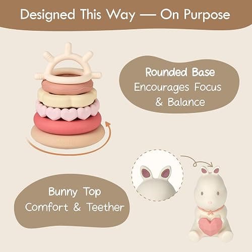 Moonkie Lapin Tour Empilable Bebe, Jeux Eveil Silicone, Anneau Dentition Bebe, Jouet Montessori Eveil, Anneaux Empilables Bébés, Cadeau pour Filles 6 Mois+, Ensemble de 7 Pièces thumbnail 6