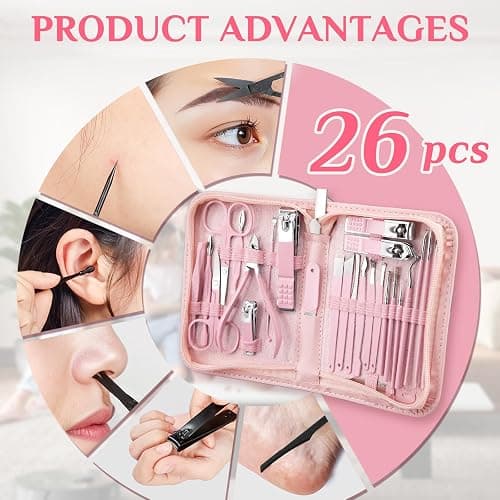 MINKINH 26-Piece Manicure Set for Women, Pink At-Home Nail Care Kit | Carbon Steel Nail Clippers, 410 Stainless Steel Tools, PU Organizer Case for Pedicure, Cuticle, Facial and Daily Self-Care thumbnail 5