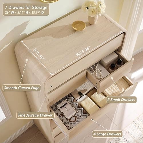 Aitjunz Modern 7 Drawers Dresser for Bedroom, 55" Tall Dressers, Cream | Wooden Dressers & Chest of Drawers w/Curved Profile Design, Mid Century Vertical Storage Dressers Organizer for Bedroom thumbnail 4