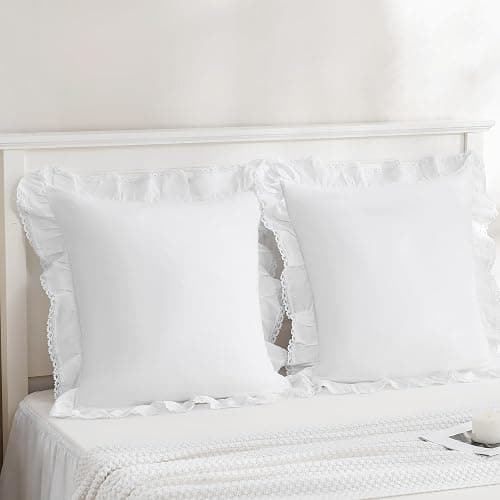 Vlocemon 100% Lightweight Cotton Ruffled Throw Plillow Shams, Euro Size 26" × 26", Crochet Edge Lace Square Cushion Cover, Throw Pillow Covers, Set of 2, for Bed, Sofa, Couch (White, 26" × 26") thumbnail 7