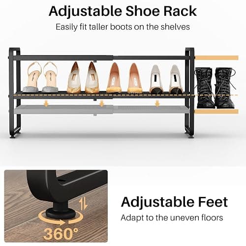 SNTD Shoe Rack - Expandable Shoe Organizer for Closet, Adjustable Metal Shoe Shelf Storage, Stackable Long Shoe Stand Holder for Garage, Entryway, Door Entrance (Black, 2-Tier) thumbnail 7