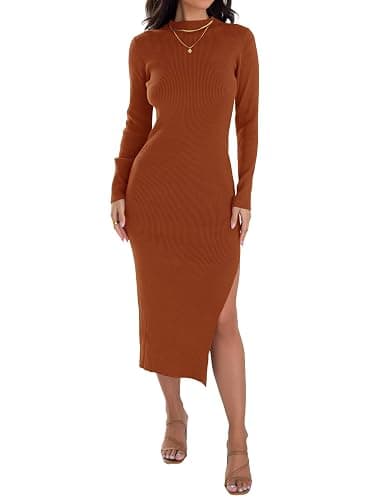 ZESICA Women's 2025 Ribbed Knit Dress Long Sleeve Mock Neck Slim Fit Side Slit Fall Elegant Sweater Dresses - Image 1