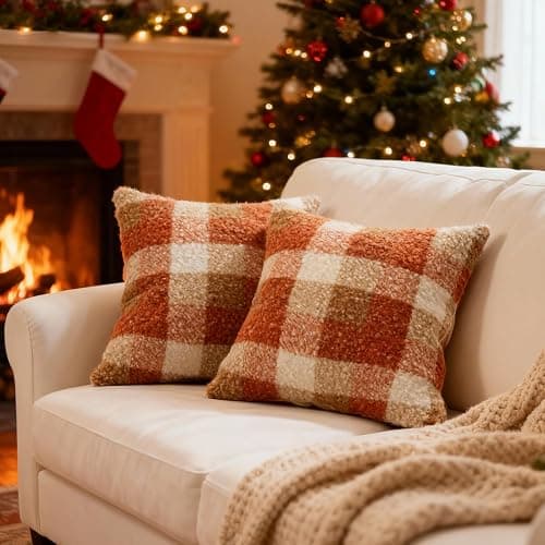 OSVINO Orange Plaid Christmas Fall Throw Pillow Covers Set of 2, 18x18 Inch Checkerboard Square Pillowcases, Cozy Fluffy Decorative Covers for Sofa Couch Living Room Bed thumbnail 3