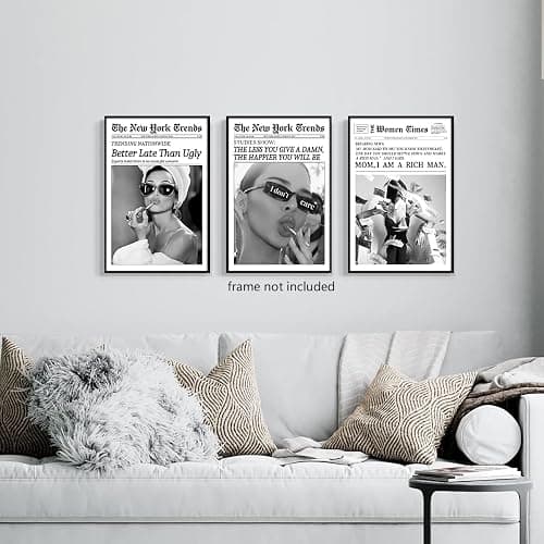 Yuaruo Set of 3 Trendy Newspaper Canvas Wall Art, Funky Better Late Than Ugly Wall Art Print, Vintage Black and White Room Aesthetic Posters, Hot Girl College Dorm Wall Decor 24x36in Unframed thumbnail 3