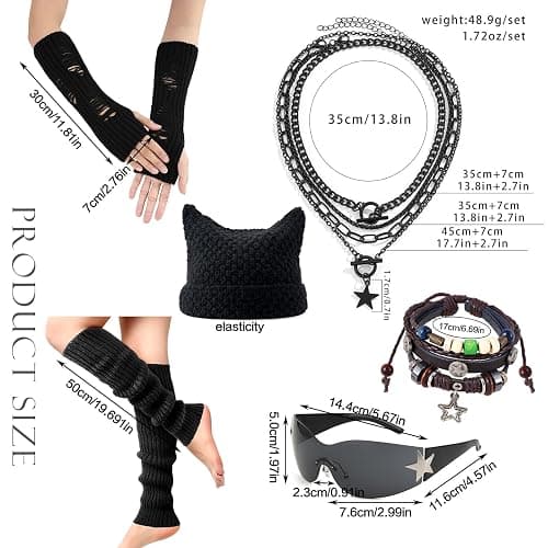 6PCS Therian Stuff,Y2k Jewelry Set with Grunge Necklace,Fingerless Gloves,Knitted Emo Beanie, Bracelet,Glasses,Leg Warmers thumbnail 2