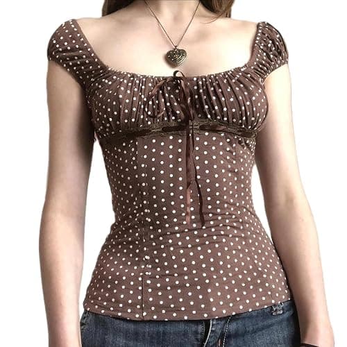 Women Fairy Grunge Shirt Summer Cap Sleeve Lace Up Polka Dot Milkmaid Tops Vinatge E-Girls Aesthetic Clothes - Image 1