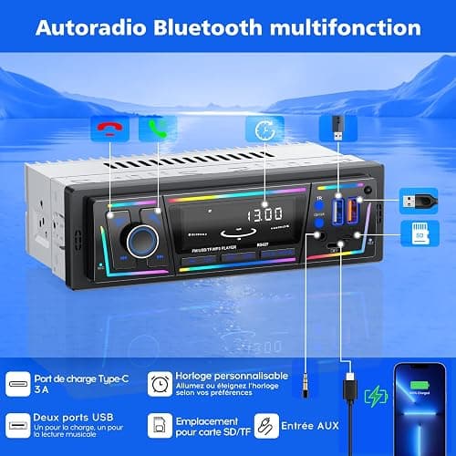 Autoradio Bluetooth RDS avec Port de Charge Type-C, Multi-éclairage Mode Lecteur,FM/AM 1DIN Autoradio 2 USB/MP3/AUX/carte SD/Réglages Audio DSP/EQ thumbnail 7