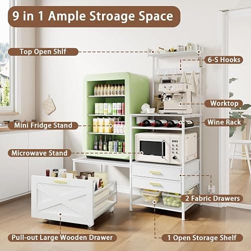 Jartoil Mini Fridge Stand with Microwave Shelf, Farmhouse Mini Fridge Stand with Wine Rack & Power Outlet, Kitchen Bakers Rack with Shelf and Drawers for Home Dorm Office Bar, White Large thumbnail 7