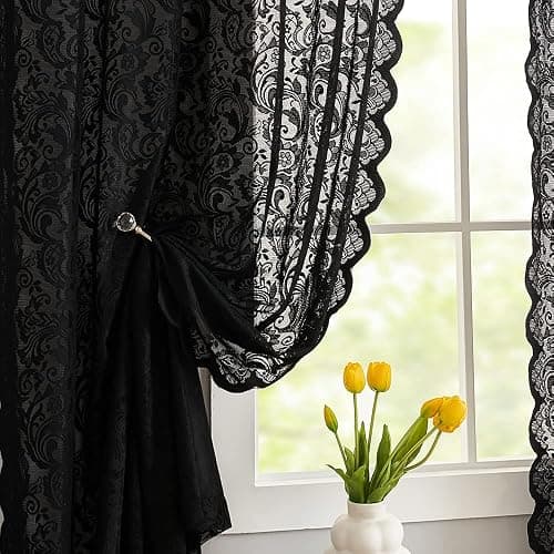 ALIGOGO Black Lace Curtains for Bedroom, Gothic Style, 52W x 63L Inch | Halloween Home Decor, Witchy Moody Curtains, Victorian Vintage Floral Pattern, Light Filtering&Privacy, Rod Pocket, 2 Panels - Image 1