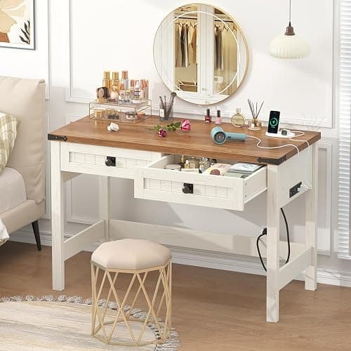 YOMILUVE Farmhouse Computer Desk with 2 Drawers, 39 Inch Small Office Computer Desk with Power Outlets, Compact Writing Study Desk for Small Spaces, Antique White thumbnail 6