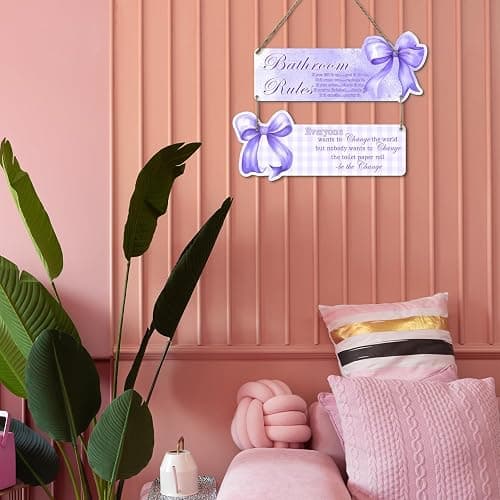 Purple Bow Bathroom Wall Decor - Set of 2 Fun Rustic Wooden Signs, Teen Bedroom Decor, Suitable for Teen and Girl Bedrooms, Gifts for Daughters and Besties thumbnail 6