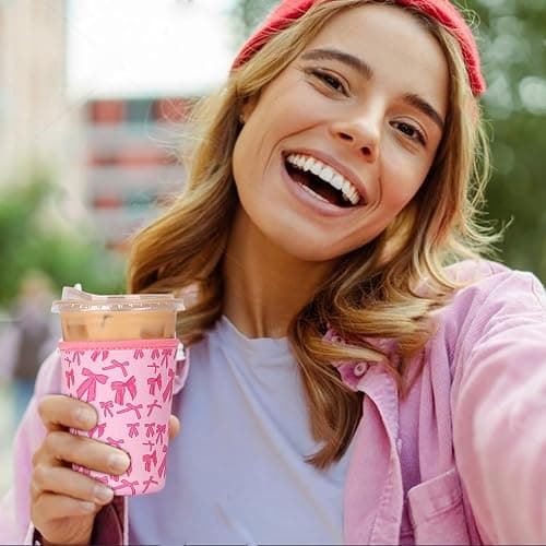 Reusable 3-Pack Iced Coffee Cup Sleeve, Insulated Neoprene, Beverage Holder for Iced Coffee, Durable Drink Sleeve for Cold Beverages, Pink Bows thumbnail 3