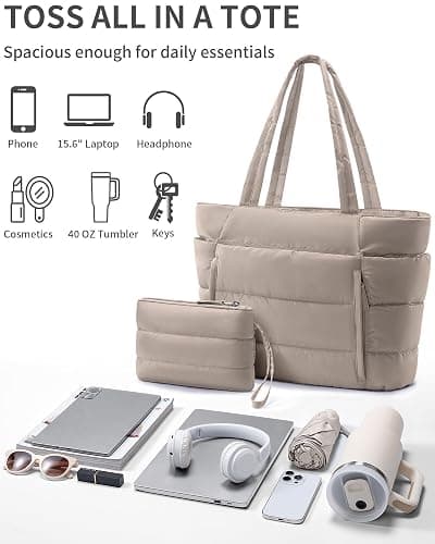 Bagstellar Puffer Tote Bag for Women, Lightweight Puffy Work Handbag Teacher Nurse Quilted Shoulder Bag for School Travel Gym | Cloud Bag w/ Zipper thumbnail 7