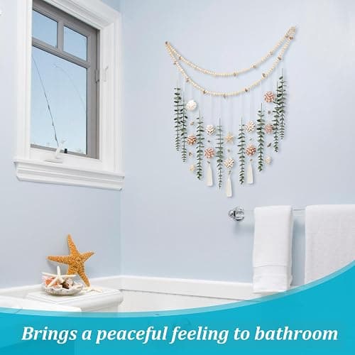 Artificial Eucalyptus Wall Decor with Seashell Coastal Decor Natural Home Decorations Hanging Wooden Bead Garland for Large Bedroom Bathroom Living Room, 32 x 32 Inch thumbnail 5