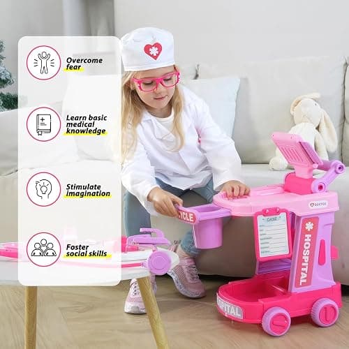 Liberry Toddlers Doctor Kit Toy for Girls Boys Ages 2 3 4 5, Pink | Kids Doctor Playset with Cart, Costume & Stethoscope, Role Play, Pretend Play Medical Toys, Birthday Gift thumbnail 5