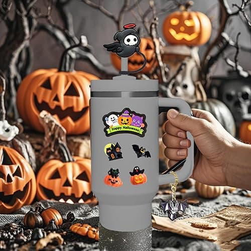 Stanley Cup Accessories Set,Including 3 Pcs 0.4in Halloween Straw Cover, 5 Pcs Halloween 3D&Flat Stickers, 1 Pcs Handle Charm, 1 Silicone Boot Fits Stanley 40&30 Oz Tumbler (Glitter Black) thumbnail 2