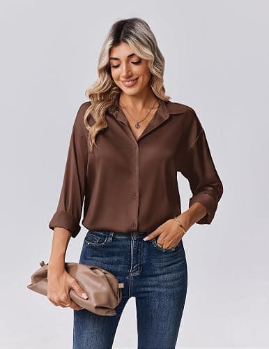 Zeagoo Womens Tops Long Sleeve Satin Silk Button Down Shirts Casual Business Dressy Blouses Fall Clothes thumbnail 4