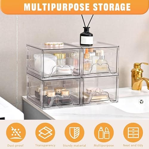 Stebopum 6 Pack Stackable Makeup Organizer, 4.4'' Tall Acrylic Bathroom Makeup Organizer and Storage Drawer with Pull-out Handle, Clear Plastic Storage Bins for Vanity,Pantry,Desk,Undersink,Kitchen thumbnail 5