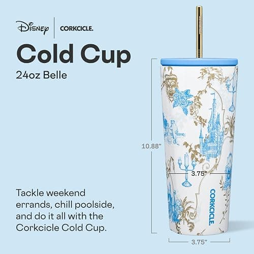 Corkcicle Disney Princess Cold Cup - Keeps Drinks Cold for 12 Hours - Triple-Insulated Stainless Steel - Straw & Screw-On Lid - Summer Drinkware Gift - Keeps Drinks Ice Cold - 24 oz - Belle thumbnail 2
