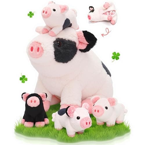 OUOZZZ 11" Pig Stuffed Animal 5-in-1 Plush Pig Piglets Zipper Tummy | Fun Interactive Birthday Gift for Girls & Boys Age 3+, Adorable Pretend Play for Toddlers - Image 1